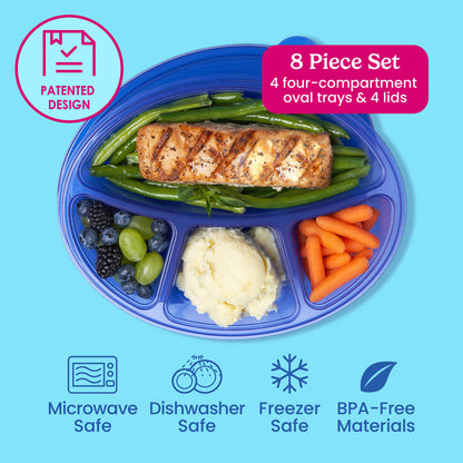 Bentgo Easyboxes™ 4-Compartment Oval Containers 8-Piece Set - Jewel Brights | 8 Piece Set with 4 four-compartment oval trays & 4 lids. Microwave safe, dishwasher safe, freezer safe, and made with BPA-free materials