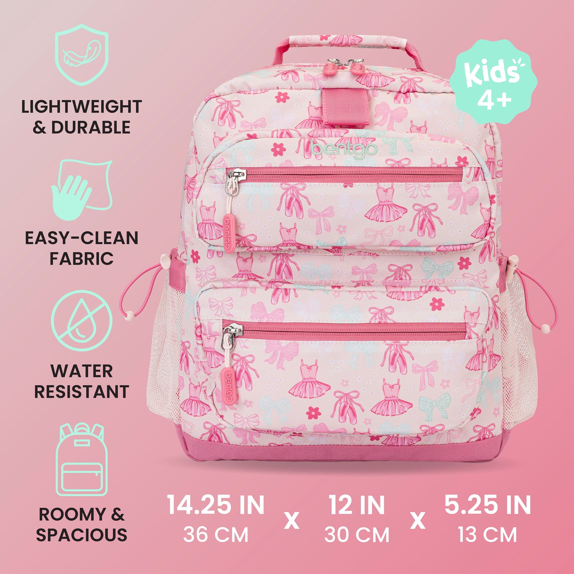 Bentgo Kids Prints Backpack - Ballet and Bows | Lightweight & Durable, Easy-Clean Fabric, Water-Resistant, Roomy & Spacious - Product Dimensions