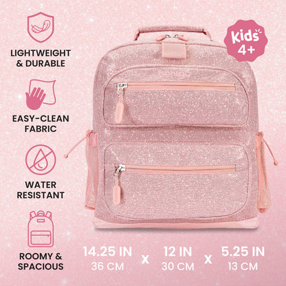 Bentgo Kids Prints Backpack - Petal Pink Glitter | Lightweight & Durable, Easy-Clean Fabric, Water-Resistant, Roomy & Spacious - Product Dimensions