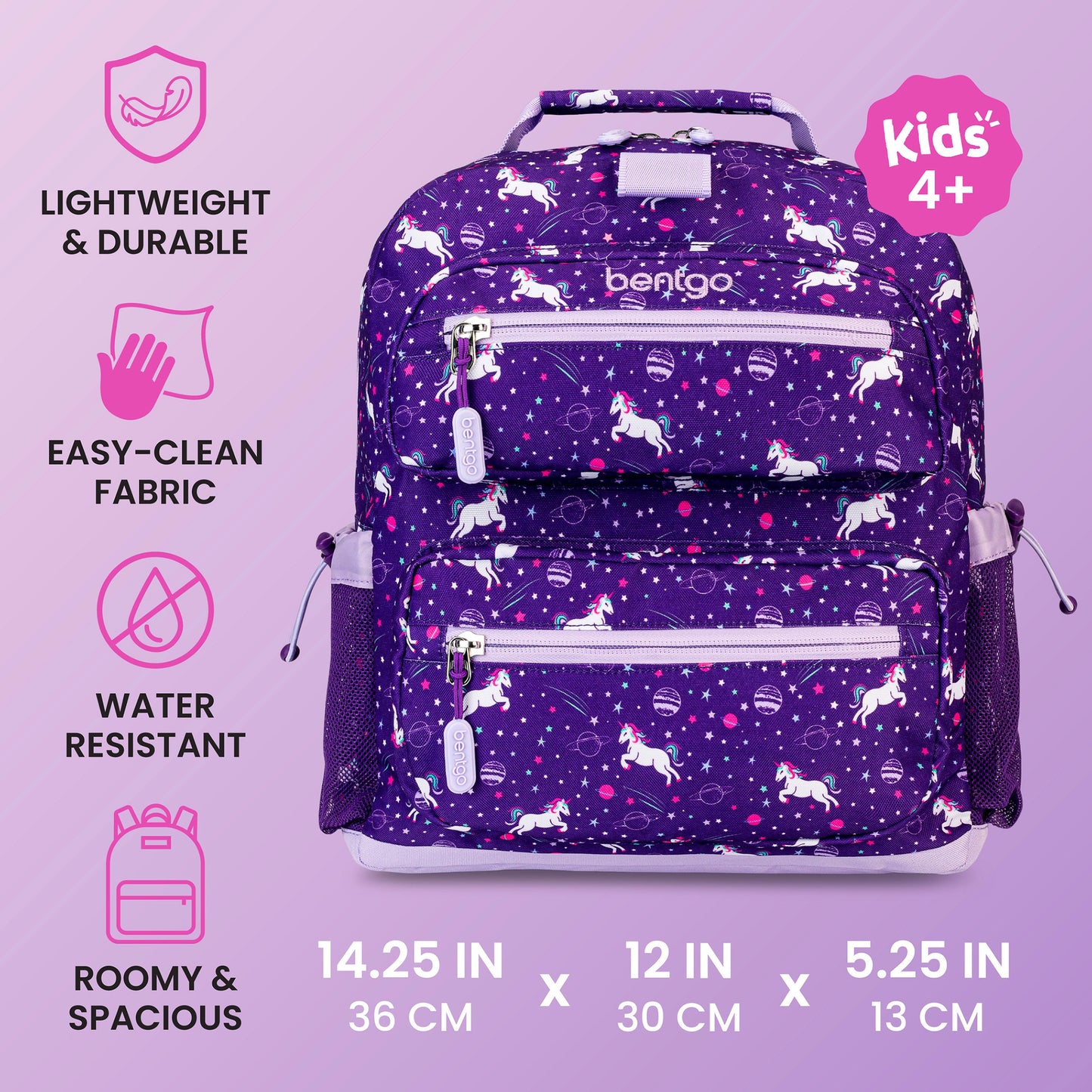 Bentgo Kids Prints Backpack - Unicorn | Lightweight & Durable, Easy-Clean Fabric, Water-Resistant, Roomy & Spacious - Product Dimensions