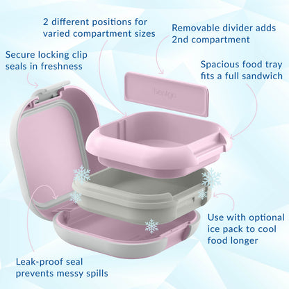 Bentgo® Chill Mini Lunch Box (2-Pack) - Lilac Mist | Secure Locking Clips Seals In Freshness, Spacious Food Tray Fits A Full Sandwich, Use With Optional Ice Pack To Cool Food Longer, Leak-proof Seal Prevents Messy Spills, Removable Divider To Add 2nd Compartment, And 2 Different Positions For Varied Compartment Sizes