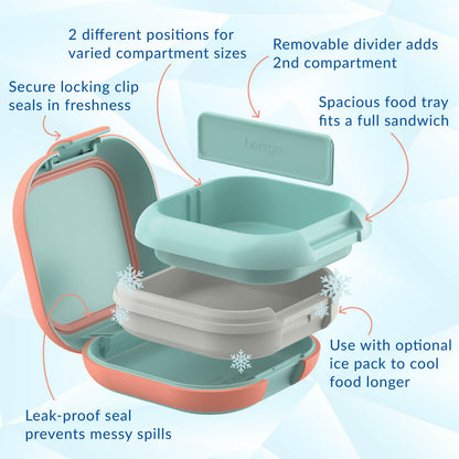 Bentgo® Chill Mini Lunch Box (2-Pack) - Seaside Papaya | Secure Locking Clips Seals In Freshness, Spacious Food Tray Fits A Full Sandwich, Use With Optional Ice Pack To Cool Food Longer, Leak-proof Seal Prevents Messy Spills, Removable Divider To Add 2nd Compartment, And 2 Different Positions For Varied Compartment Sizes