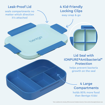 Bentgo® Kids Snap & Go Lunch Box | Blue - Our Lunch Box Features A Leak-Proof Lid, Kid-Friendly Locking Clips, and 4 Large Compartments