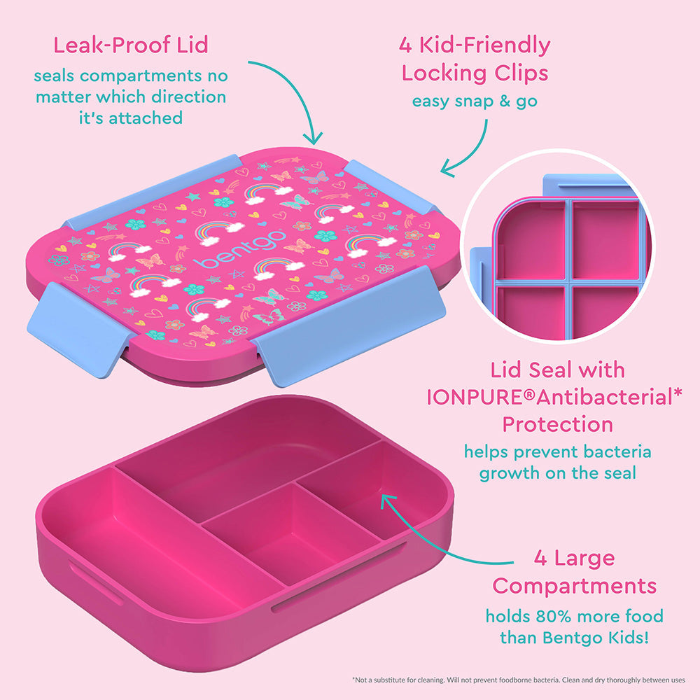 Bentgo® Kids Snap & Go Lunch Box | Rainbows and Butterflies - Our Lunch Box Features A Leak-Proof Lid, Kid-Friendly Locking Clips, and 4 Large Compartments
