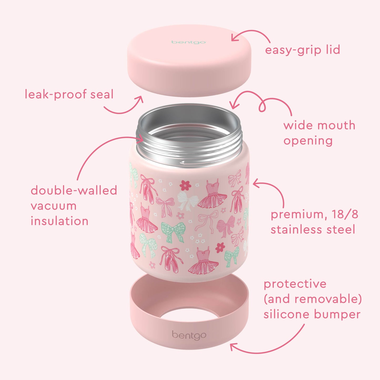 Bentgo® Kids Stainless Steel Food Jar - Ballet and Bows | Stainless Steel Food Jar Features Leak-Proof Seal, Easy-Grip Lid, Wide Mouth Opening, And Much More