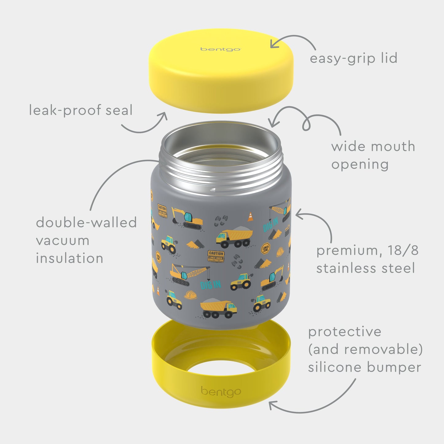 Bentgo® Kids Stainless Steel Food Jar - Construction Trucks | Stainless Steel Food Jar Features Leak-Proof Seal, Easy-Grip Lid, Wide Mouth Opening, And Much More