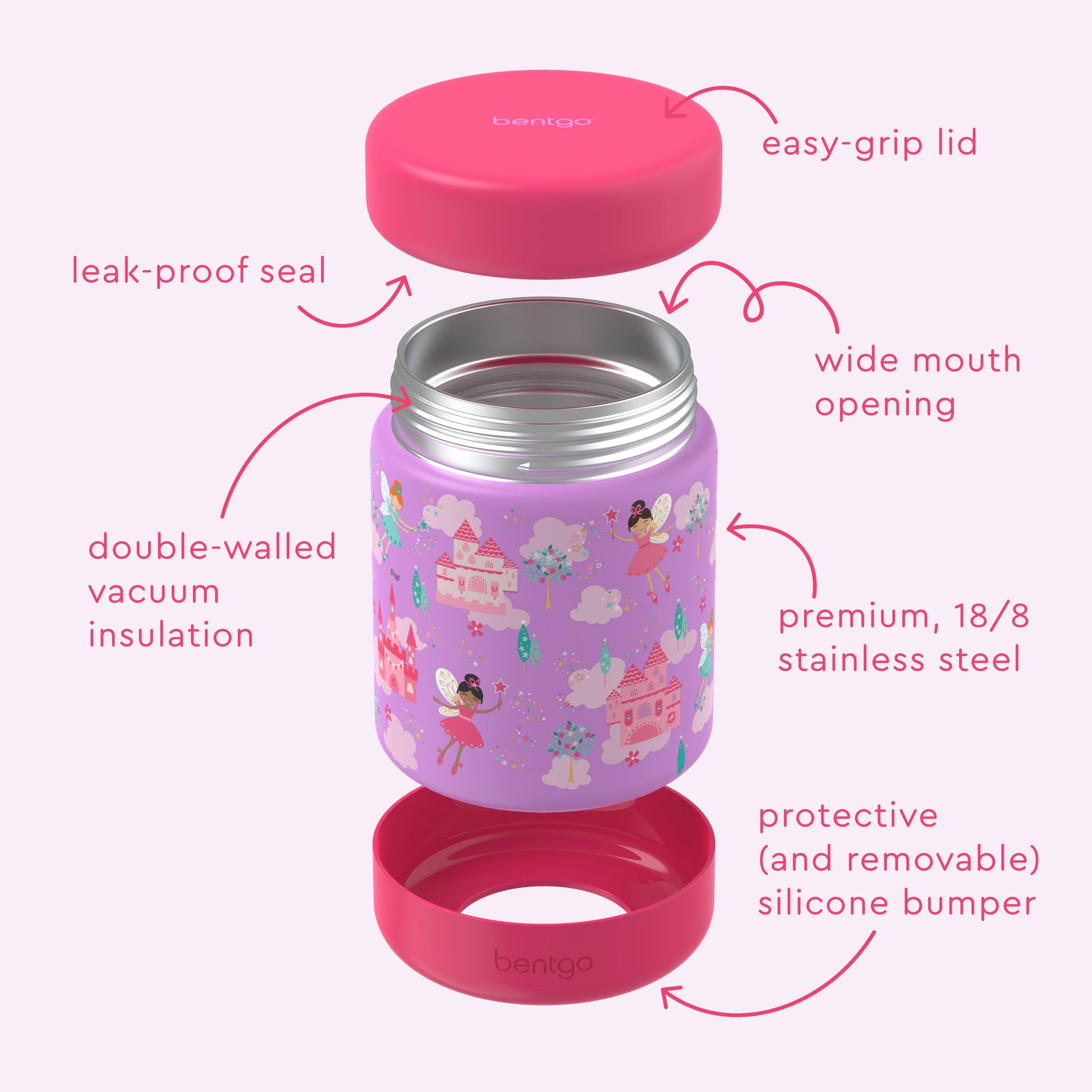 Bentgo® Kids Stainless Steel Food Jar - Fairies | Stainless Steel Food Jar Features Leak-Proof Seal, Easy-Grip Lid, Wide Mouth Opening, And Much More