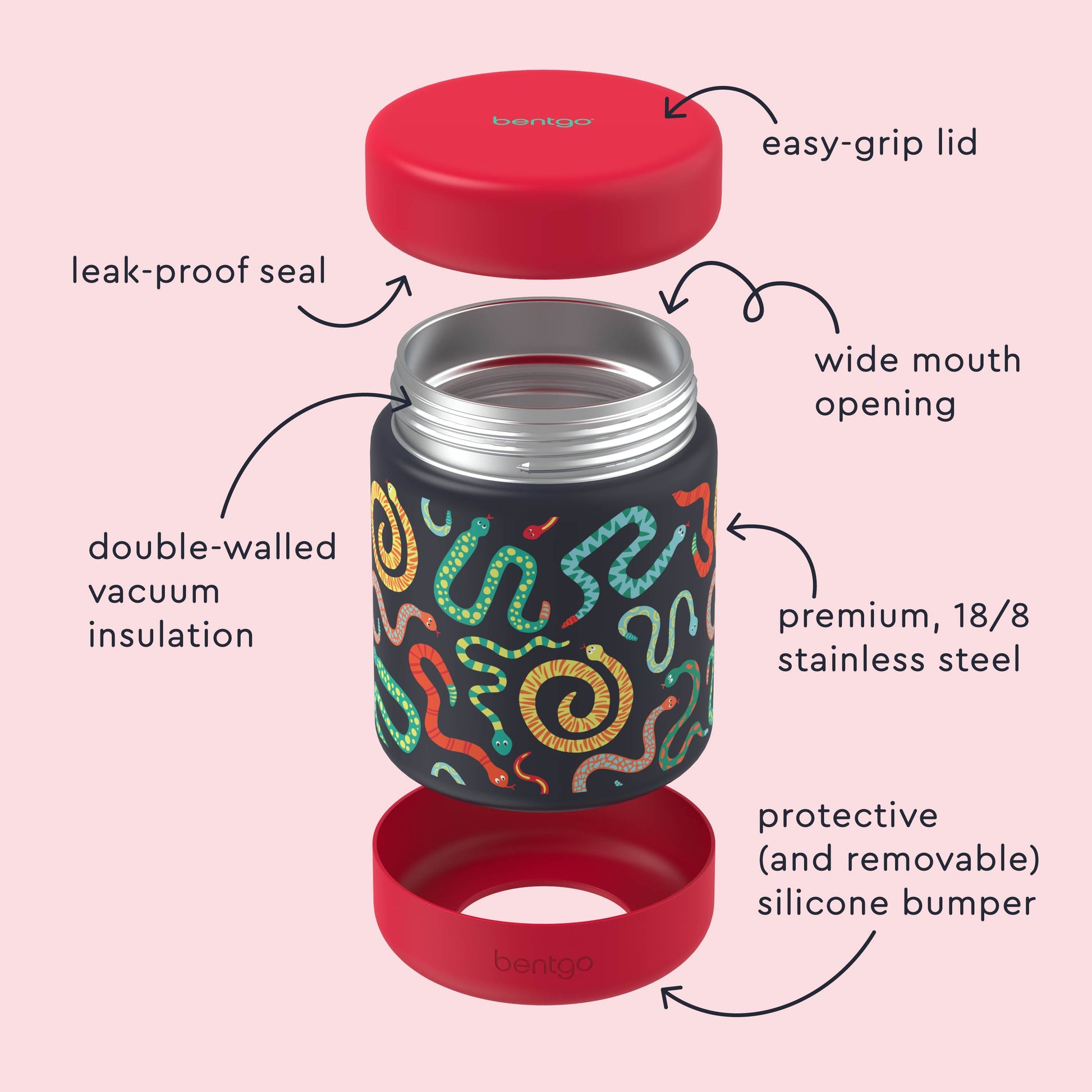 Bentgo® Kids Stainless Steel Food Jar - Sssnakes | Stainless Steel Food Jar Features Leak-Proof Seal, Easy-Grip Lid, Wide Mouth Opening, And Much More