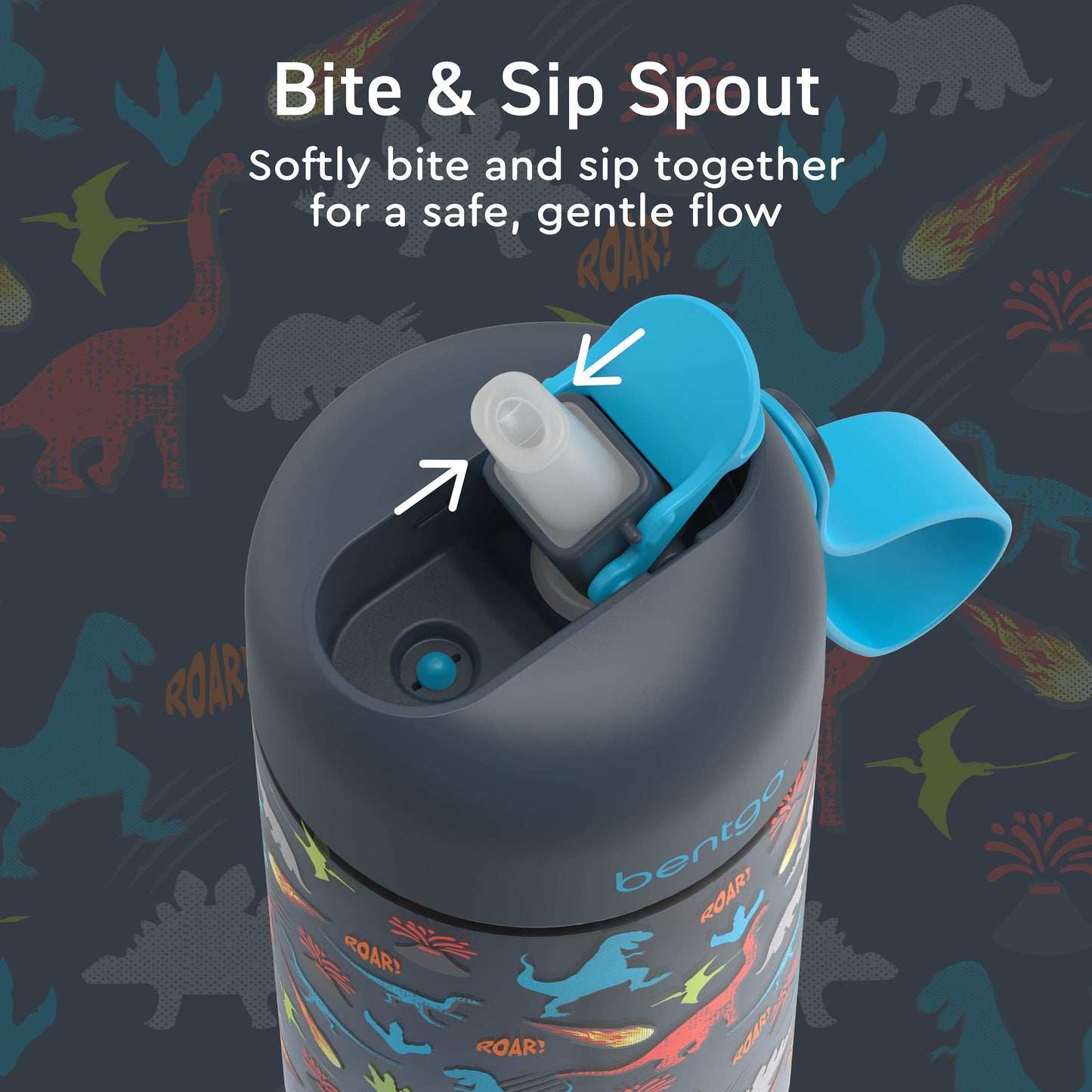 Bentgo® Kids Water Bottle - Dinosaur | Bite & Sip Spout - Softly Bite And Sip Together For A Safe, Gentle Flow