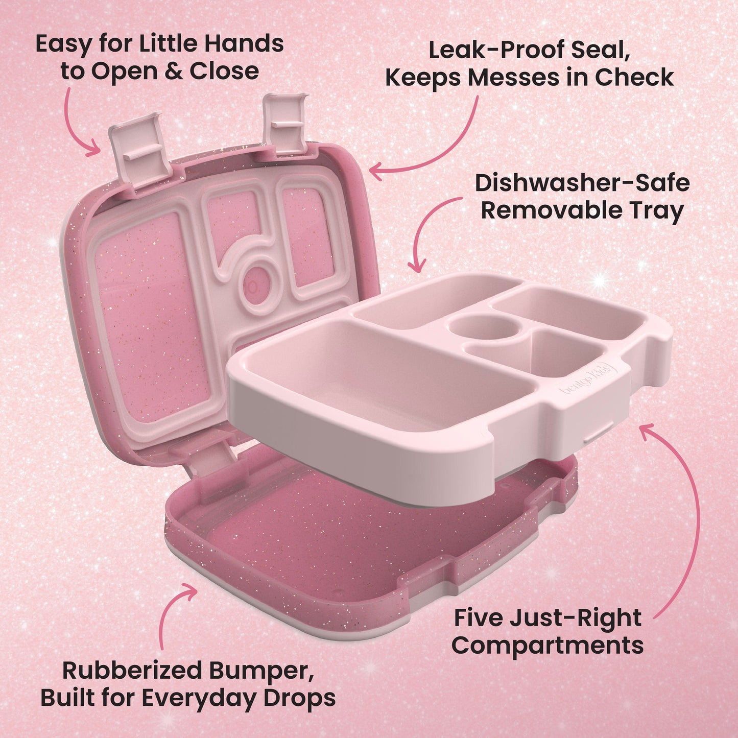 Bentgo® Kids Lunch Box (Glitter & Confetti) - Petal Pink Glitter | Easy for Little Hands to Open & Close, Leak-Proof Seal - Keeps Messes in Check, Dishwasher-Safe Removable Tray, Five Just Right Compartments, and Rubberized Bumper - Built for Everyday Drops