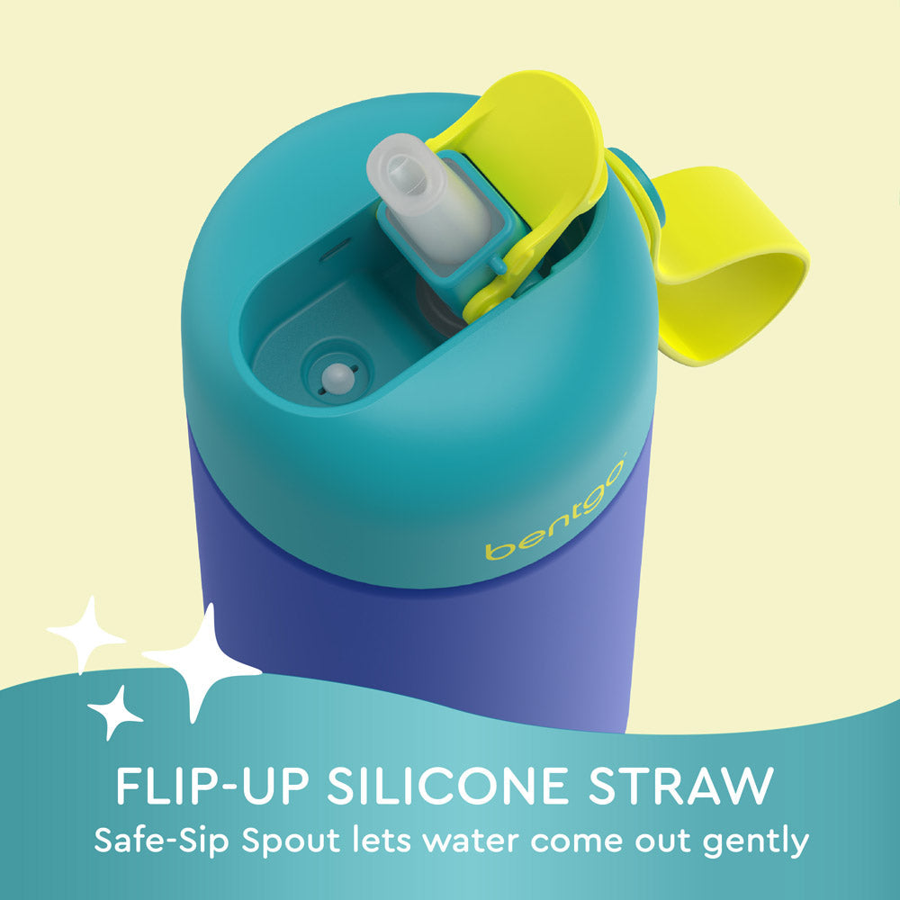 Bentgo® Kids Stainless Steel Insulated Water Bottle (2-Pack) - Shark/Teal Fin | Flip-Up Silicone Straw - Safe-Sip Spout Lets Water Come Out Gently
