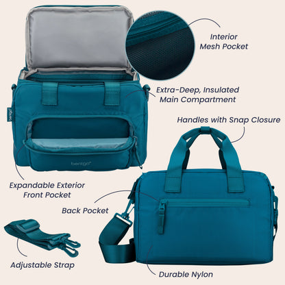 Bentgo® Insulated Lunch Bag - Deep Teal | Interior Mesh Pocket, Extra-Deep, Insulated Main Compartment, Expandable Exterior Front Pocket, Handles With Snap Closure, Durable Nylon, Back Pocket, And Adjustable Strap