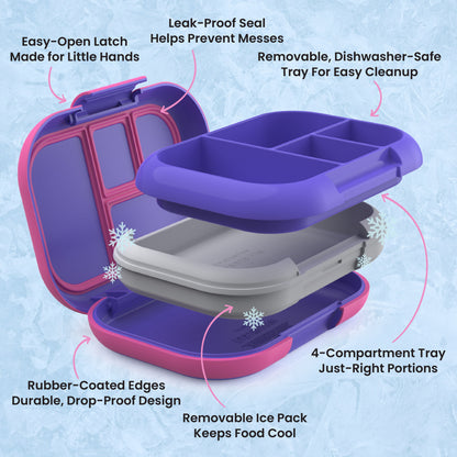 Bentgo® Chill Kids Lunch Box - Electric Violet | Easy-Open Latch Made for Little Hands, Leak-Proof Seal Helps Prevent Messes, Removable, Dishwasher-Safe Tray for Easy Cleanup, 4-Compartment Tray Just-Right Portions, Removable Ice Pack Keeps Food Cool, and Rubber-Coated Edges - Durable, Drop-Proof Design