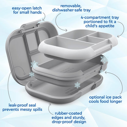 Bentgo® Chill Kids Lunch & Snack Box - Gray| Easy-Open Latch For Small Hands, Removable, Dishwasher-Safe Tray, 4-Compartment Tray Portioned To Fit A Child’s Appetite, Leak-Proof Seal Prevents Messy Spills, Optional Ice Pack Cools Food Longer, Rubber-Coated Edges And Sturdy, Drop-Proof Design