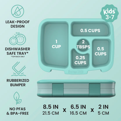 Bentgo® Kids Lunch Box - Seafoam | Kids 3-7 | Leak-Proof Design, Dishwasher Safe Tray (Top-Rack Only), Rubberized Bumper, and No PFAS & BPA-Free | Product Dimensions