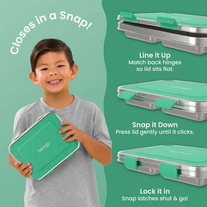 Bentgo Kids Stainless Steel Lunch Box - Green | Closes In A Snap! | Line It Up - Match Back Hinges So Lid Sits Flat. | Snap It Down - Press Lid Gently Until It Clicks. | Lock It In - Snap Latches Shut & Go!