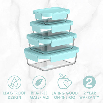 Bentgo® Glass Leak-Proof Food Storage Set (8-Piece) - Soft Aqua | Leak-Proof Design, BPA-Free Materials, Eating Good On-The-Go, And Comes With A 2 Year Warranty