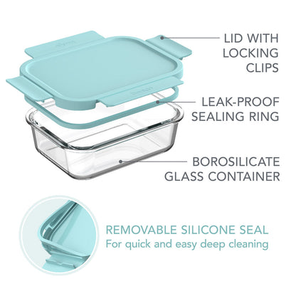 Bentgo® Glass Leak-Proof Food Storage Set (12-Piece) - Soft Aqua | Features Lid With Locking Clips, Leak-Proof Sealing Ring, Borosilicate Glass Container, And Removable Silicone Seal