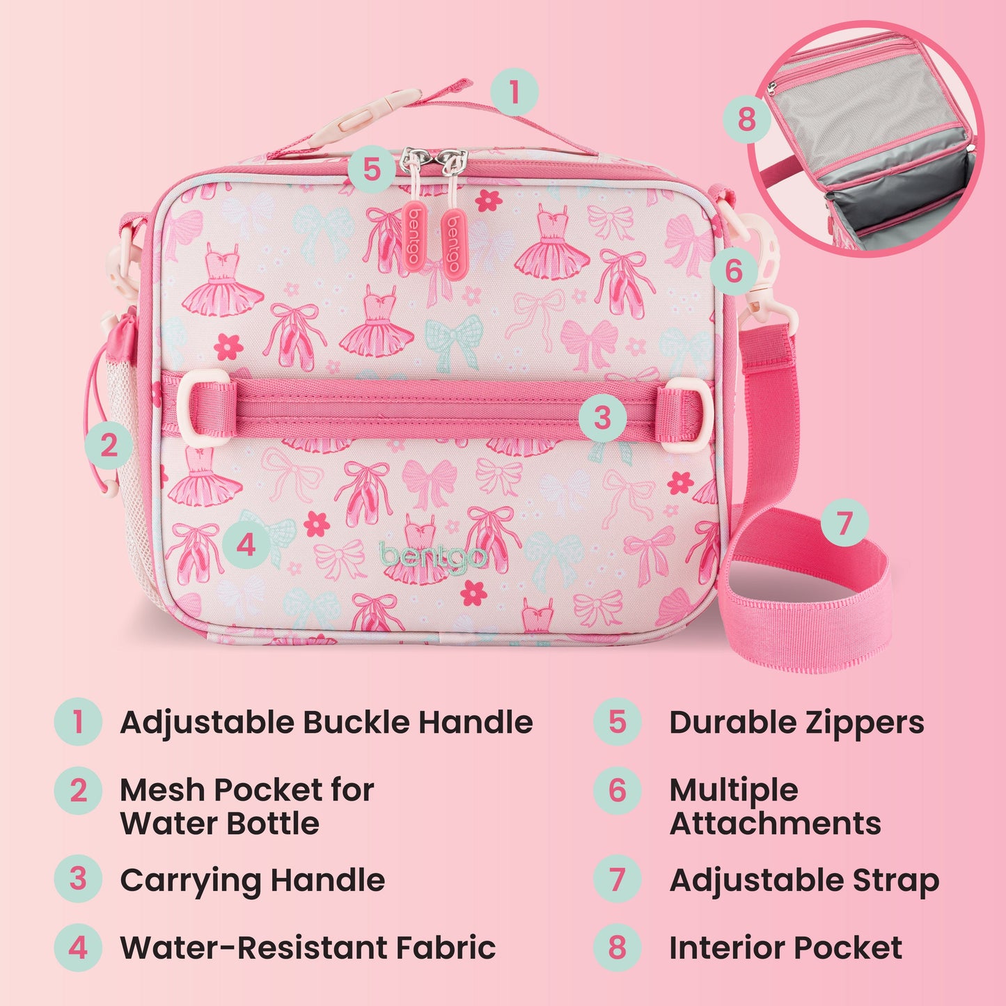 Bentgo Kids Prints Lunch Bag - Ballet and Bows | Adjustable Buckle Handle, Mesh Pocket For Water Bottle, Carrying Handle,Water-Resistant Fabric, Durable Zipper, Multiple Attachments, Adjustable Strap, And Interior Pocket