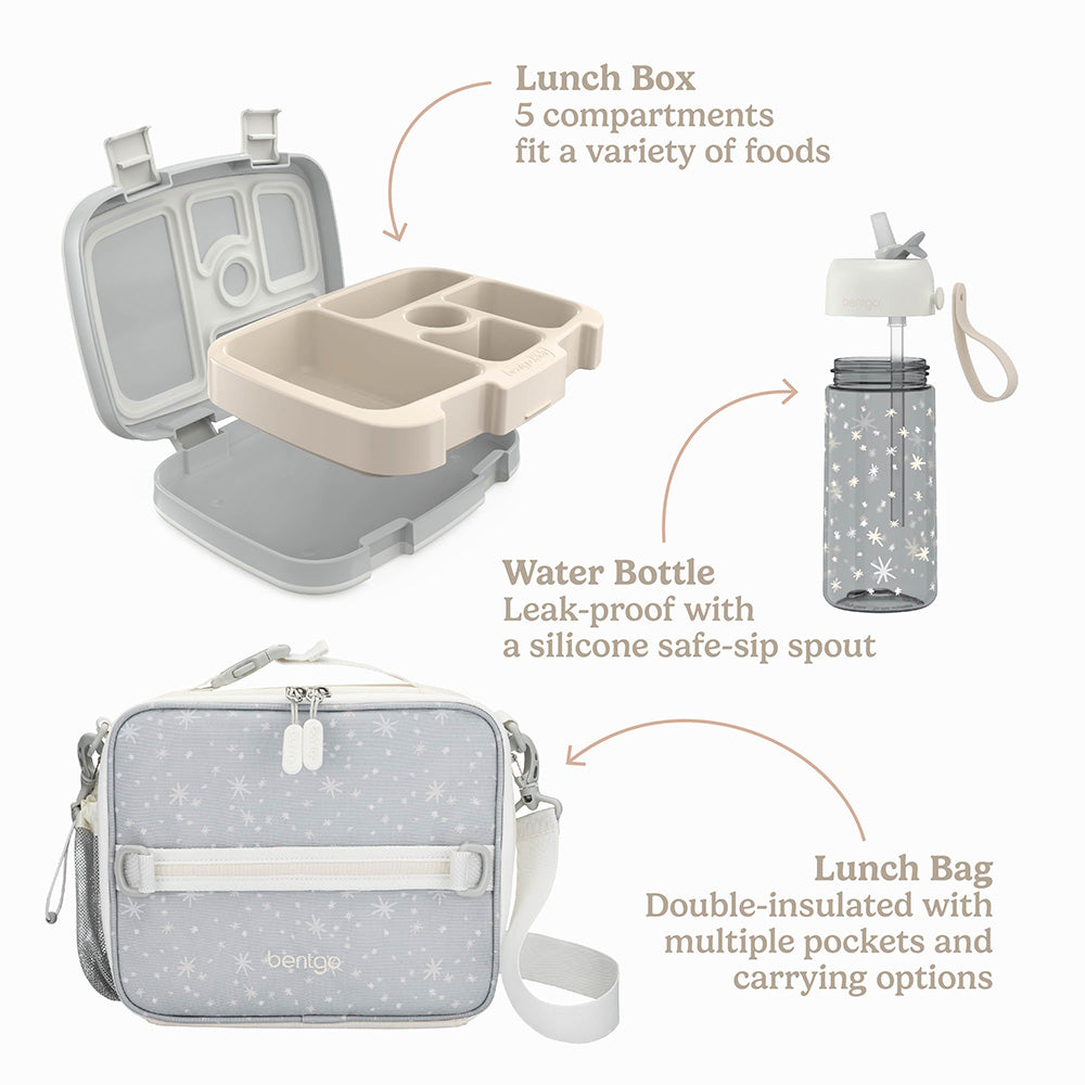 Bentgo Kids Whimsy & Wonder Prints Pack - Starry Sprinkle | Lunch Box, Water Bottle, And Lunch Bag