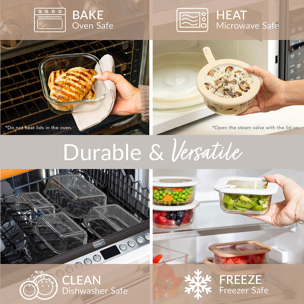 Bentgo Signature Glass Food Storage Set (8-Piece) - White Stone | Durable & Versatile - Oven-Safe, Microwave Safe, Freezer Safe, And Dishwasher Safe