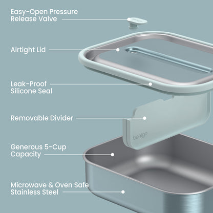 Bentgo® MicroSteel Lunch Box - Aqua | Easy-Open Pressure Release Valve, Airtight Lid, Leak-Proof Silicone Seal, Removable Divider, Generous 5-Cup Capacity, And Microwave & Oven Safe Stainless Steel