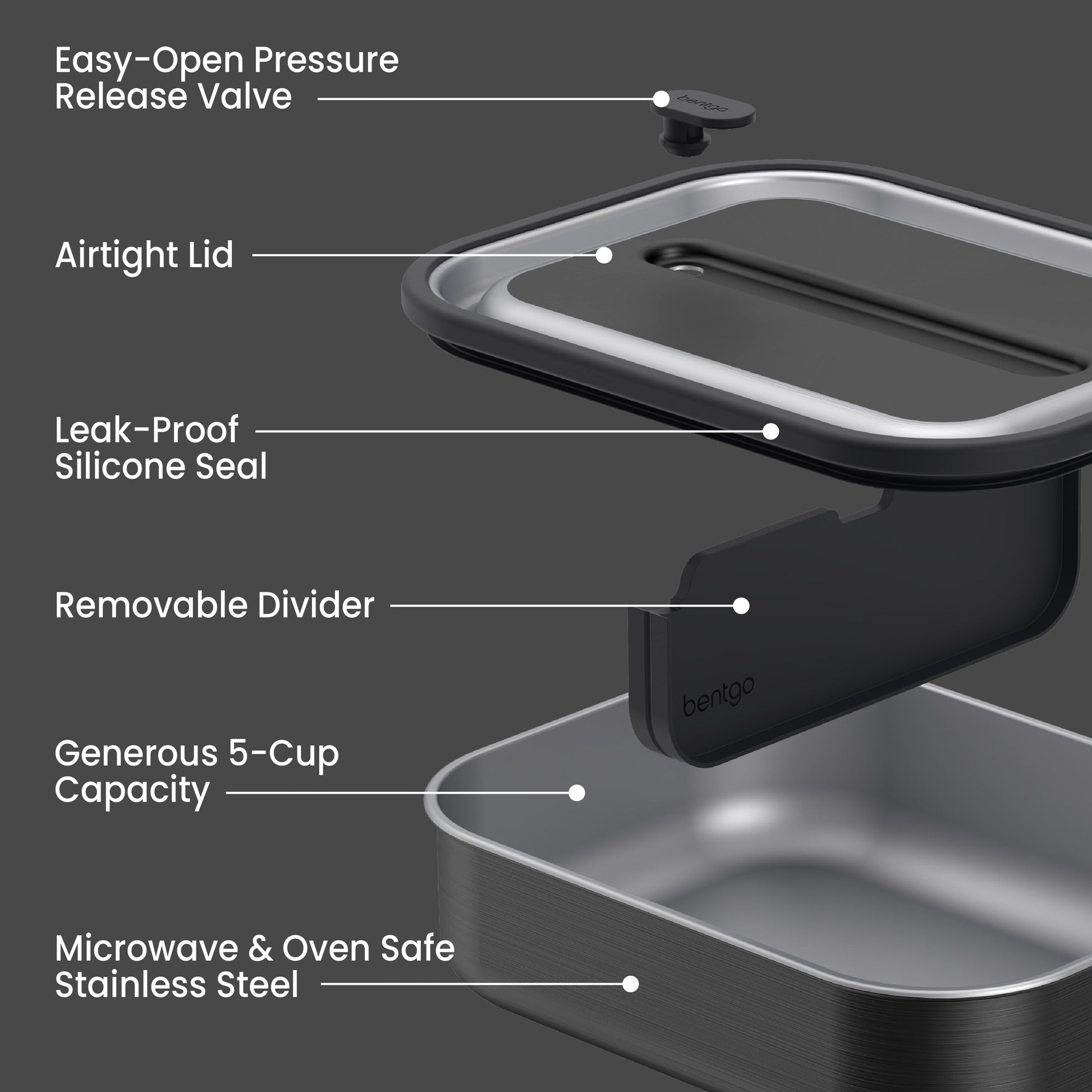 Bentgo® MicroSteel Lunch Box - Carbon Black | Easy-Open Pressure Release Valve, Airtight Lid, Leak-Proof Silicone Seal, Removable Divider, Generous 5-Cup Capacity, And Microwave & Oven Safe Stainless Steel