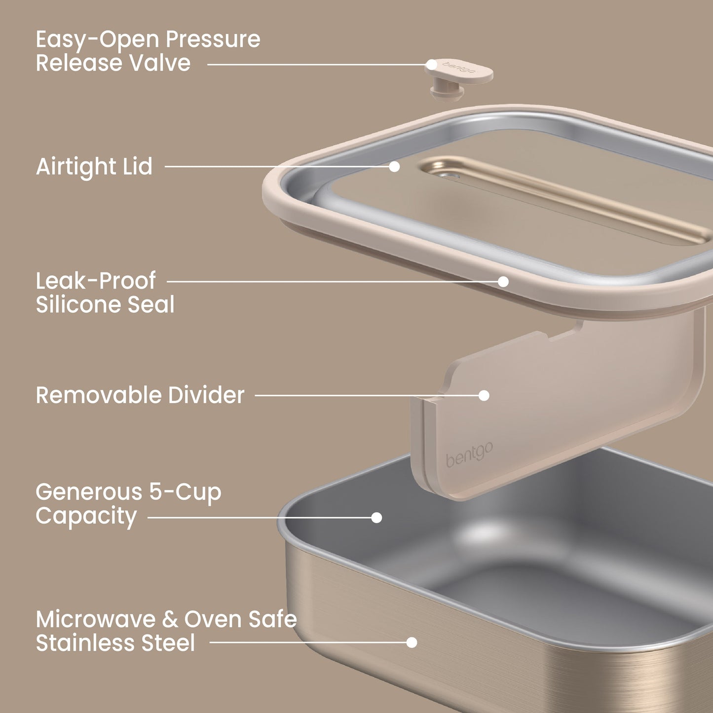 Bentgo® MicroSteel Lunch Box - Gold | Easy-Open Pressure Release Valve, Airtight Lid, Leak-Proof Silicone Seal, Removable Divider, Generous 5-Cup Capacity, And Microwave & Oven Safe Stainless Steel